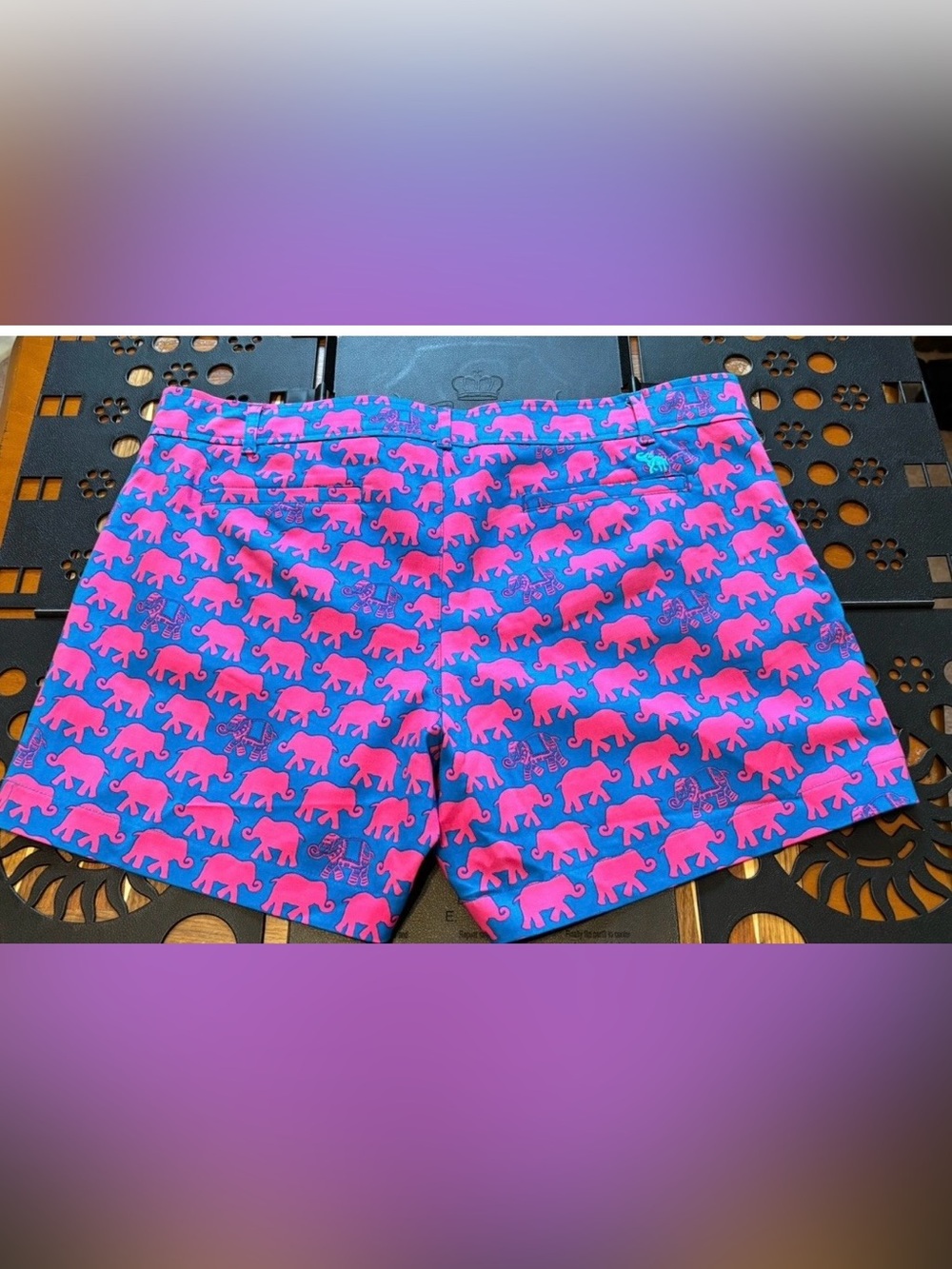 Tracy Negoshian Blue Shorts with Pink Elephant Print